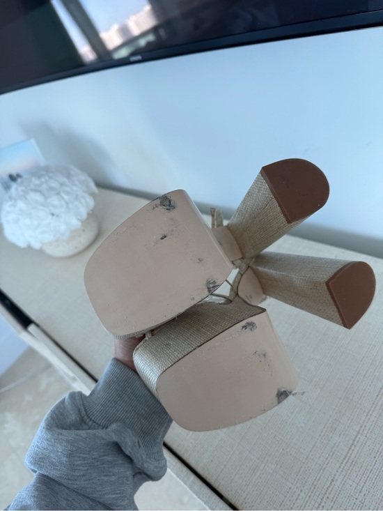 cult gaia Beige Linen-Look Platform Sandals with Clear Straps